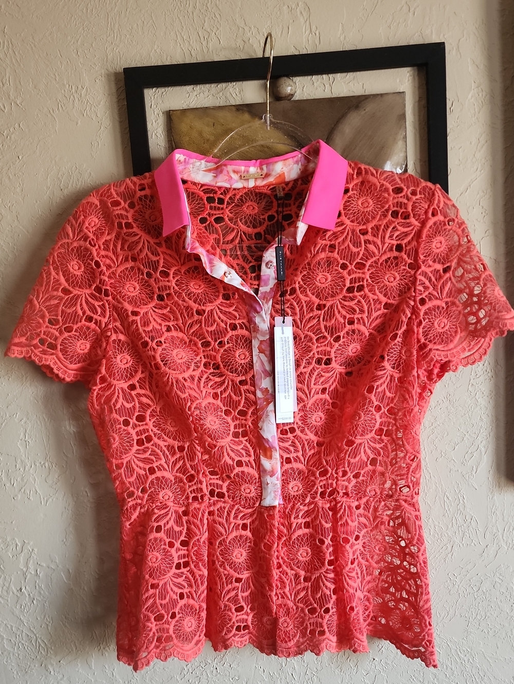 Elie Tahari Coral Lace Polo with Bright Pink Collar